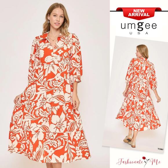 Umgee Floral Print Collared Neck Half Sleeves Tiered Design Midi Dress | Tomato - Picture 1 of 6